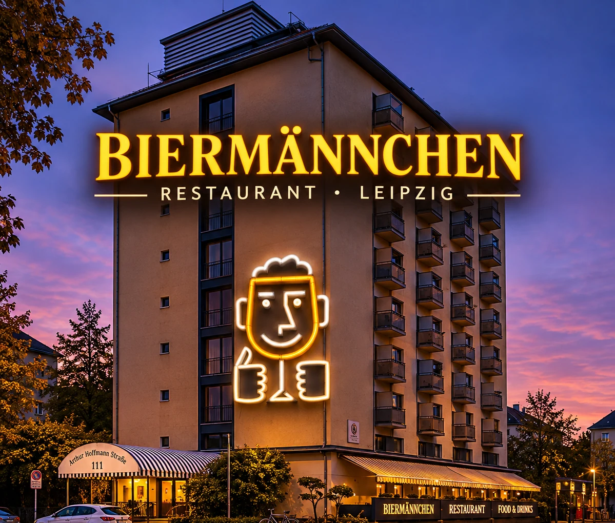 Biermännchen Restaurant Leipzig bei Abendlicht mit leuchtender Biermännchen-Neonfigur und Schriftzug